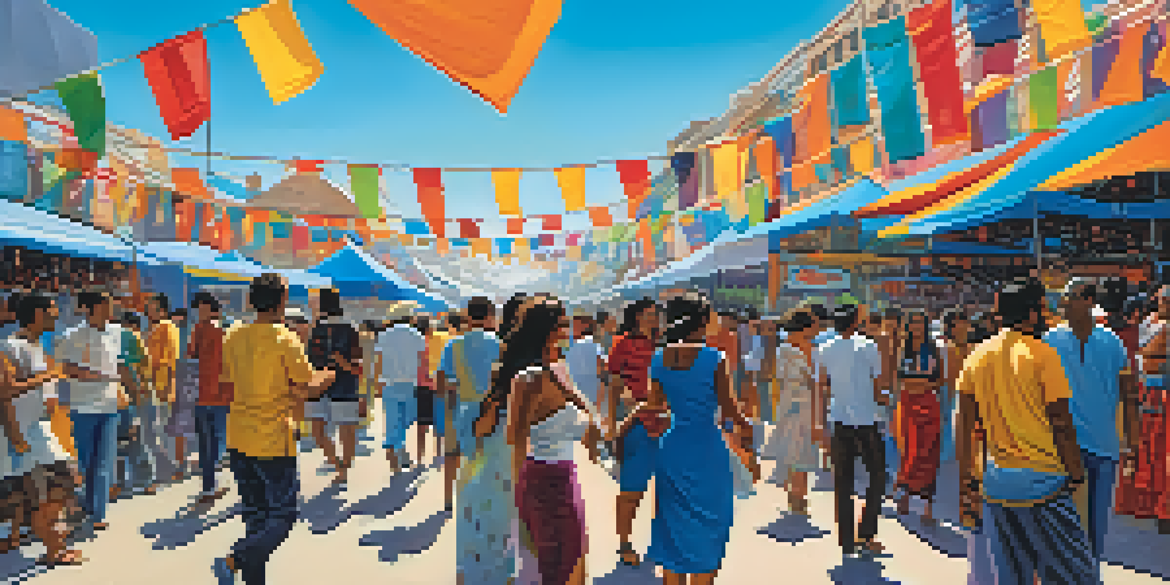 A lively street scene with diverse individuals enjoying a music festival, surrounded by colorful banners and merchandise stalls under a bright blue sky.