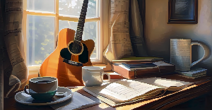 A vintage acoustic guitar on a wooden desk, with handwritten lyrics and a cup of coffee, illuminated by soft sunlight through a window.