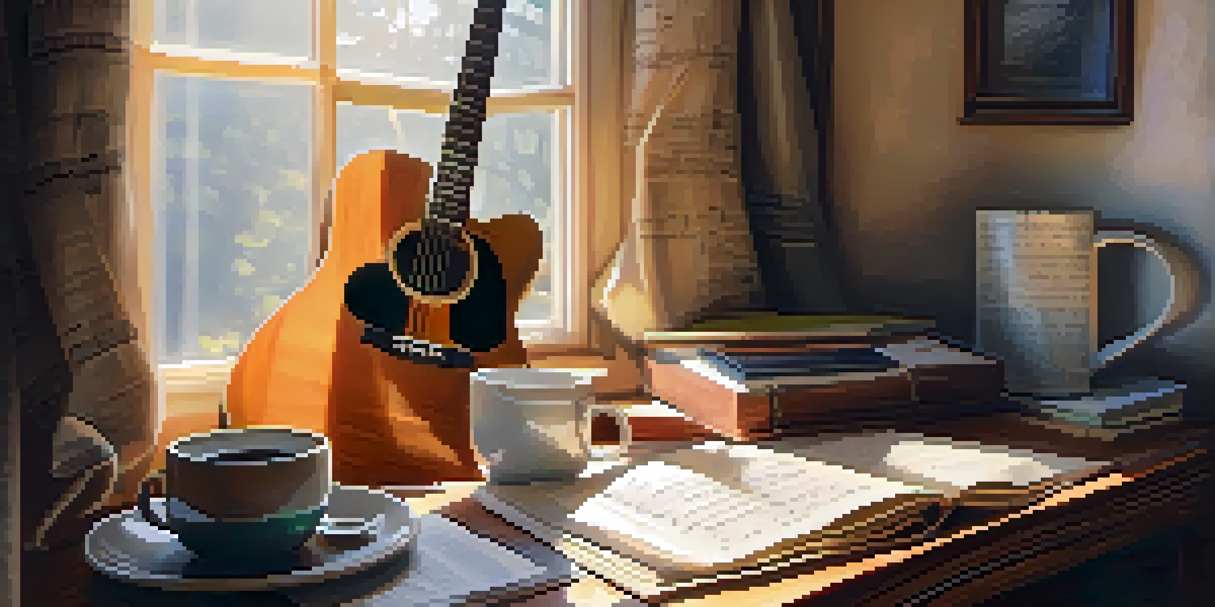 A vintage acoustic guitar on a wooden desk, with handwritten lyrics and a cup of coffee, illuminated by soft sunlight through a window.