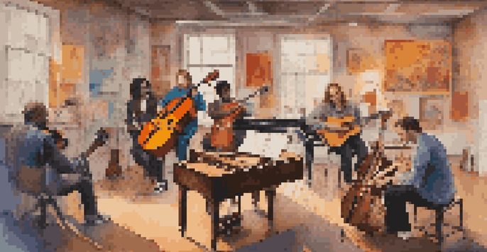 A diverse group of musicians working together in a colorful music studio, with instruments and sheet music present.