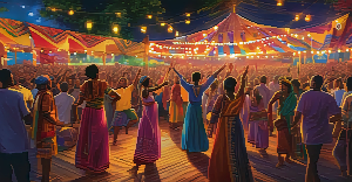 A lively music festival with a diverse crowd enjoying performances, colorful stage lights, and traditional clothing.