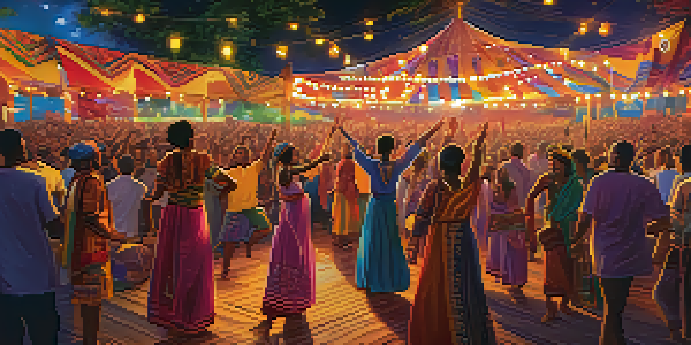A lively music festival with a diverse crowd enjoying performances, colorful stage lights, and traditional clothing.