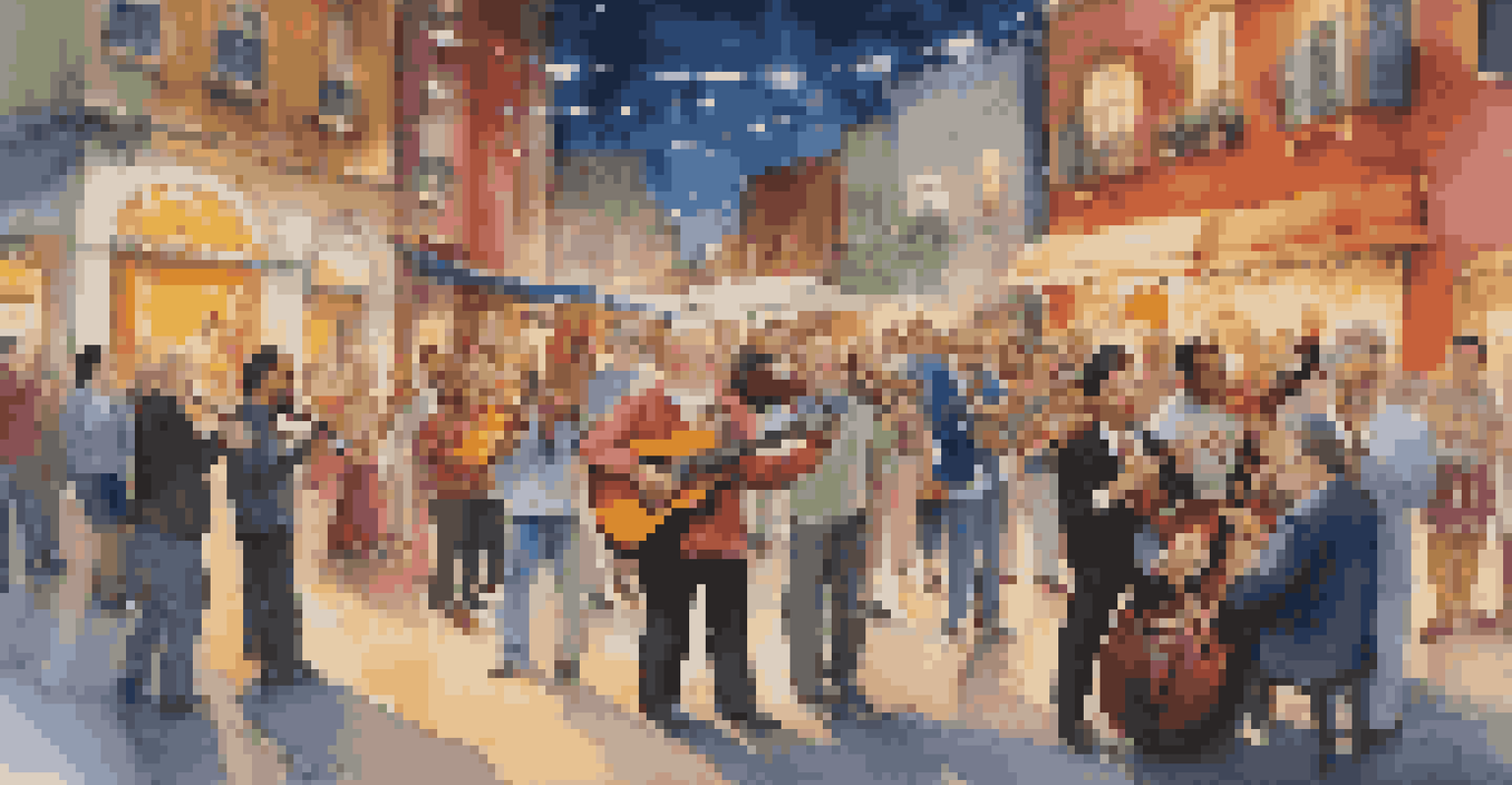A diverse group of musicians performing on a street, blending traditional and modern styles, with an enthusiastic audience and colorful street art in the background.
