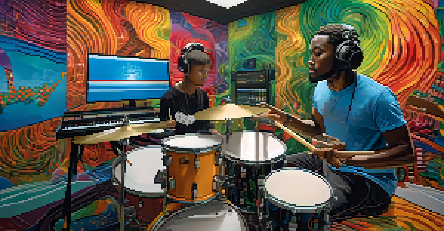 An illustration of musicians from Nigeria and Brazil collaborating online, with colorful sound waves connecting their screens and digital editing tools.