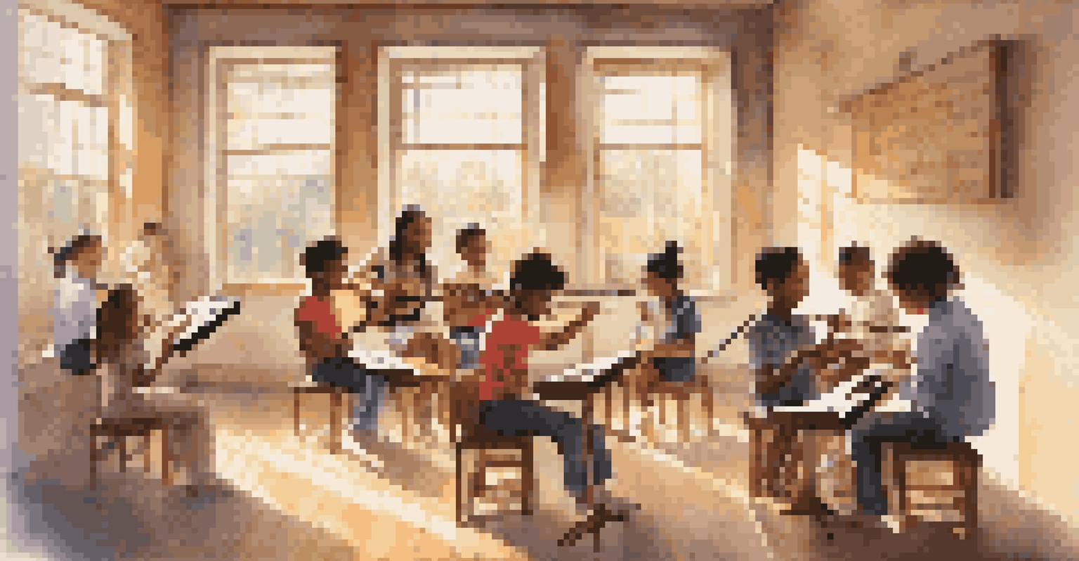 A classroom with students learning music, a teacher demonstrating on a hand drum, and sunlight illuminating colorful musical notes.