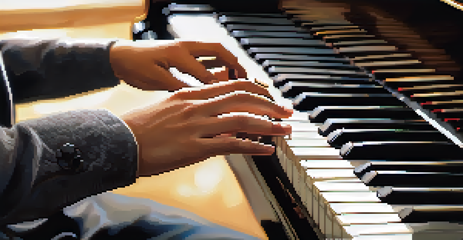A close-up of a student's hands playing piano keys, showcasing dedication and focus in a serene setting.