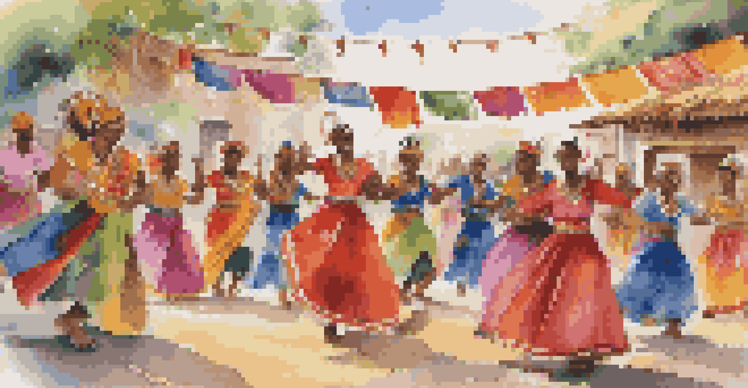 A group of people in colorful attire performing traditional dances, surrounded by a festive atmosphere with musical instruments.