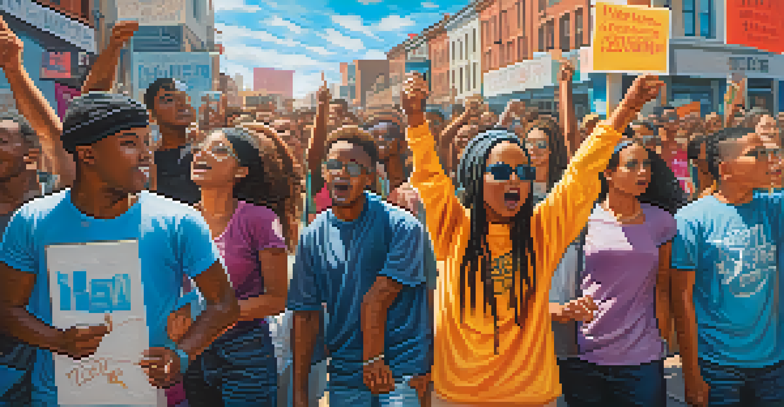 A group of young activists marching in a city, holding colorful protest signs with messages of hope and unity.