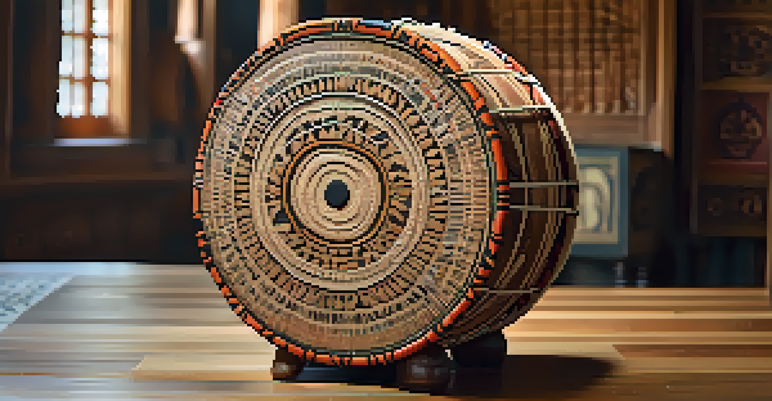 A close-up of a beautifully carved indigenous drum on a wooden table, showcasing its intricate details.