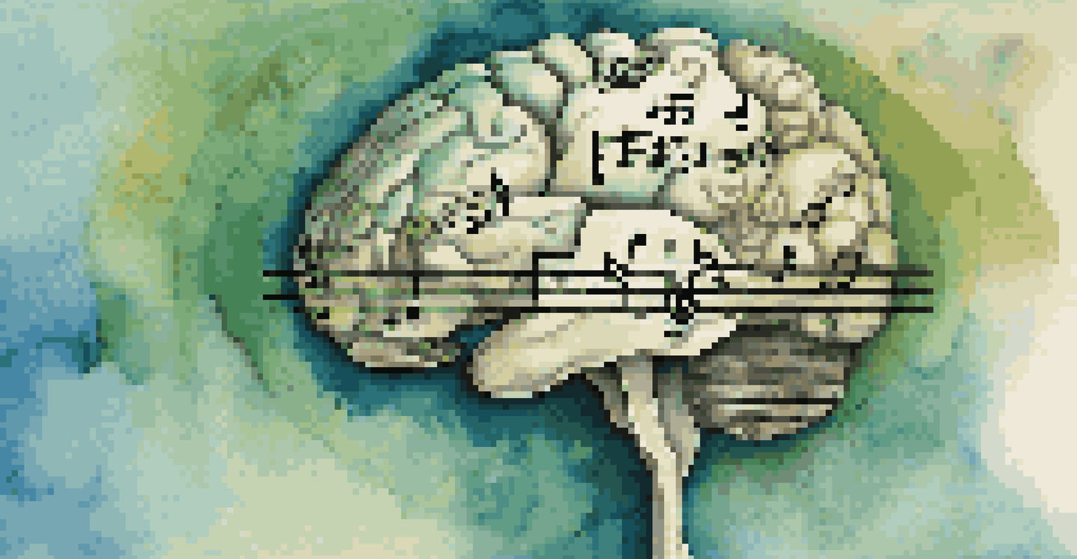 A creative collage of a brain with musical notes and cultural symbols, set against a calming gradient background.