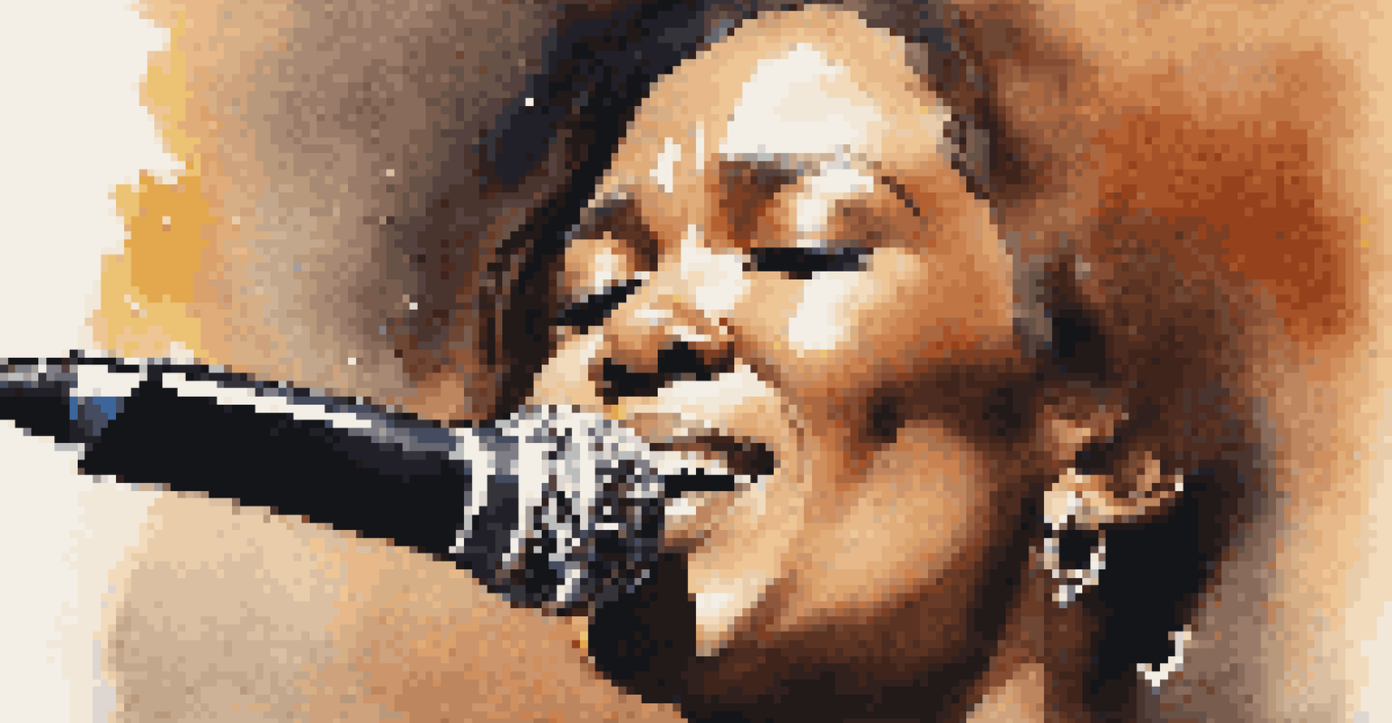 A close-up of a singer with closed eyes, deeply expressing emotion while performing, with a blurred background and warm lighting.