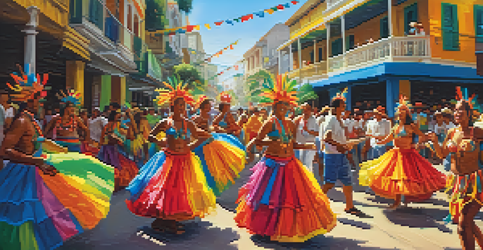 A lively Brazilian festival scene with dancers in colorful costumes, drums, and vibrant decorations under warm sunlight.
