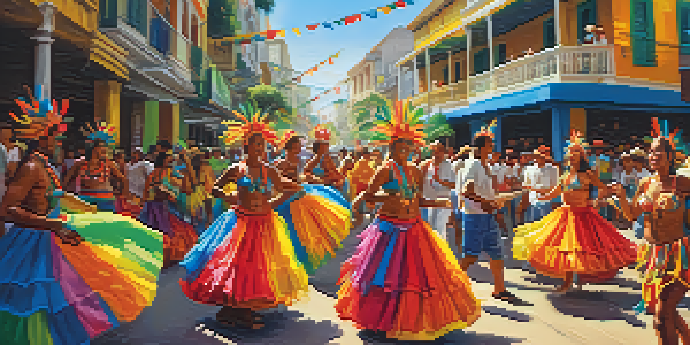A lively Brazilian festival scene with dancers in colorful costumes, drums, and vibrant decorations under warm sunlight.
