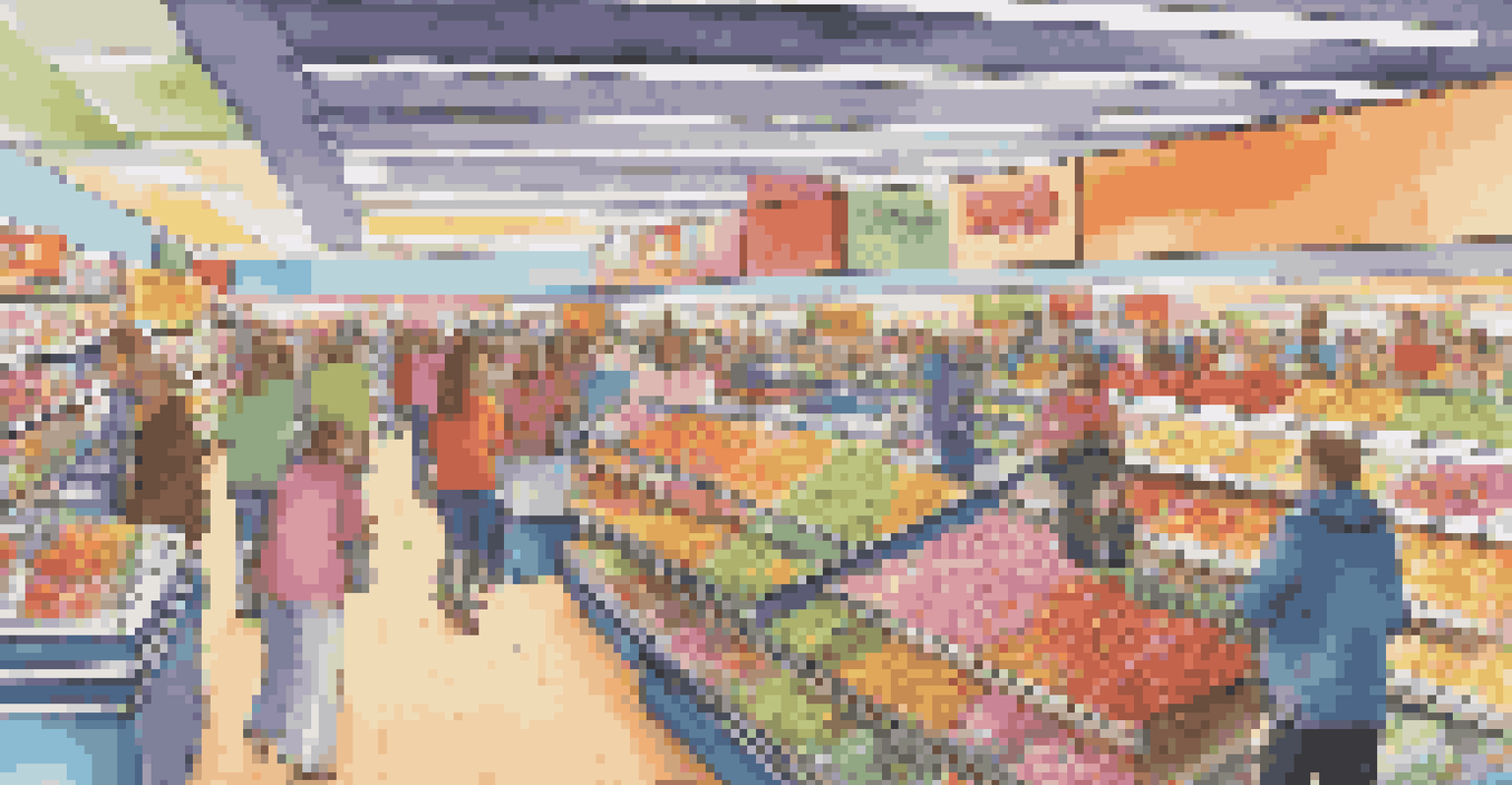 A busy supermarket filled with energetic shoppers and colorful product displays, with lively music playing in the background.