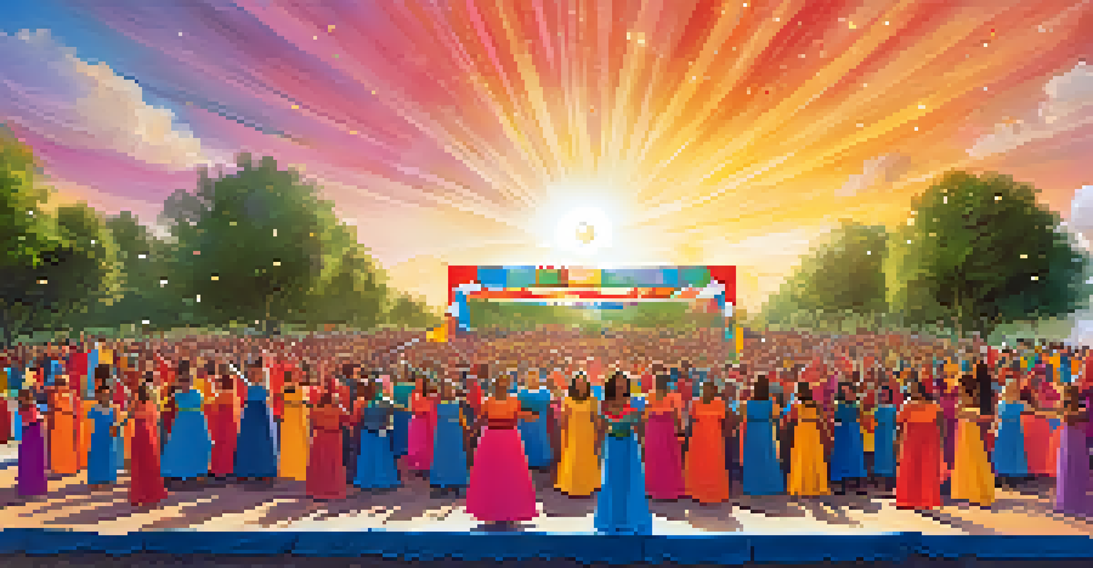A secular choir performing at a community festival with diverse members and an enthusiastic audience.