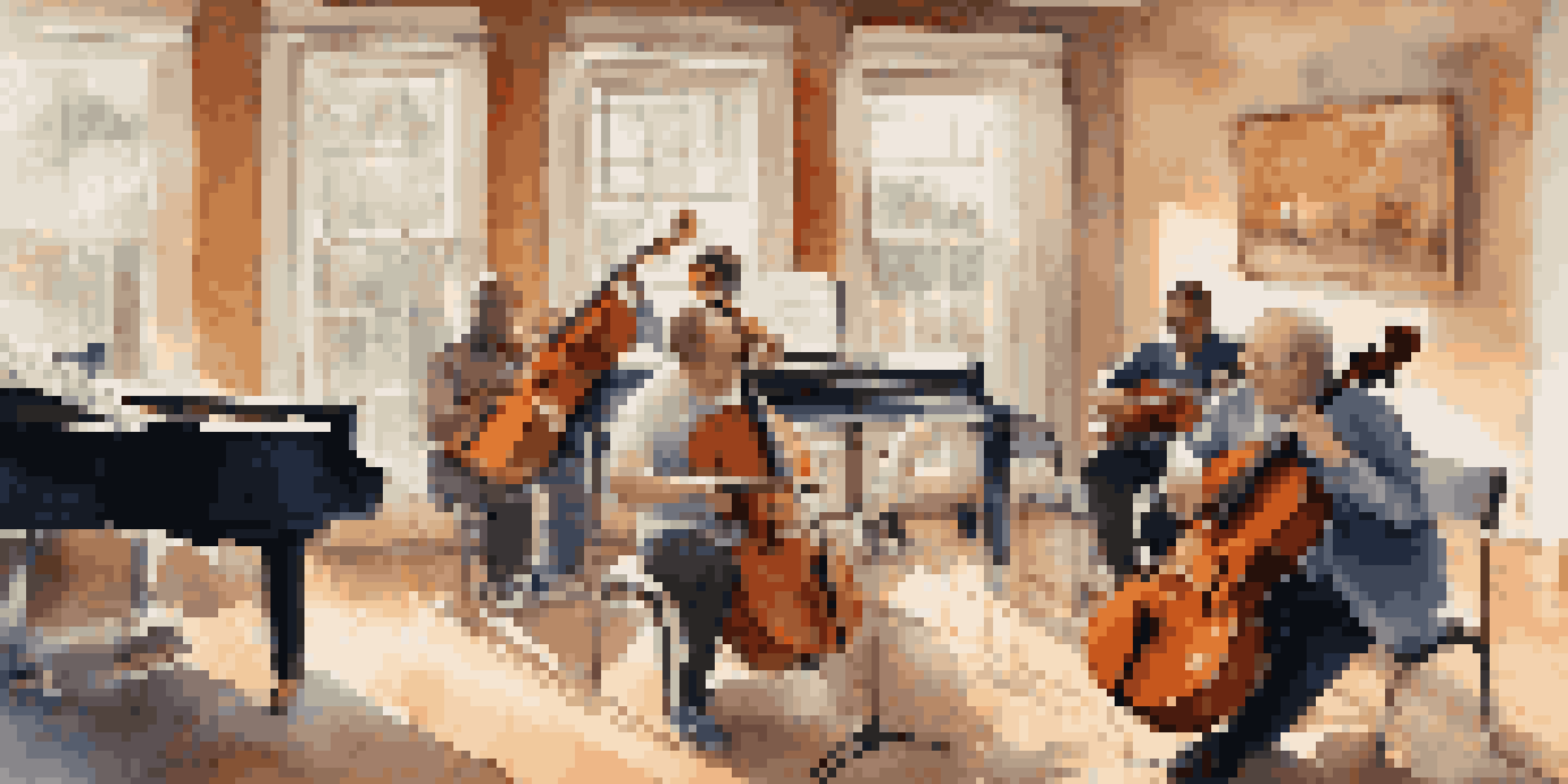 A group of musicians in a warm, inviting rehearsal space, playing various instruments and smiling, reflecting camaraderie and creativity.