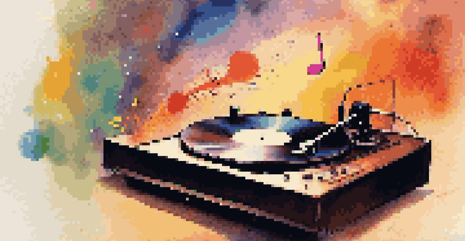 A close-up of a vinyl record player with colorful musical notes floating around, set against a warm-colored background.