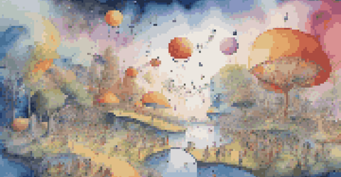 A fantastical virtual landscape themed around a music album, with floating musical notes and fans exploring.