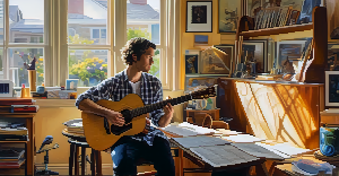 An artist playing guitar in a sunlit studio filled with instruments and artistic materials, symbolizing creativity.