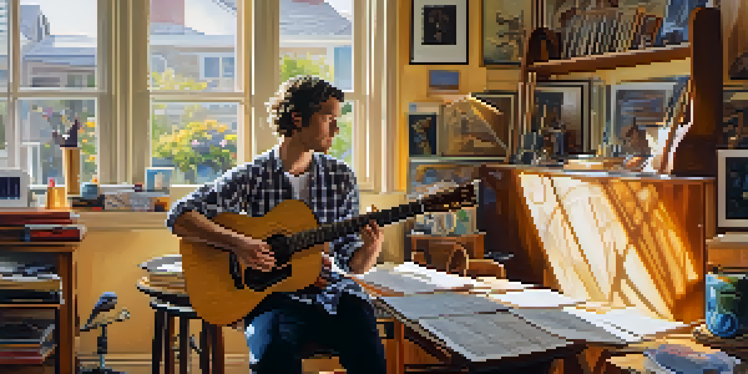 An artist playing guitar in a sunlit studio filled with instruments and artistic materials, symbolizing creativity.