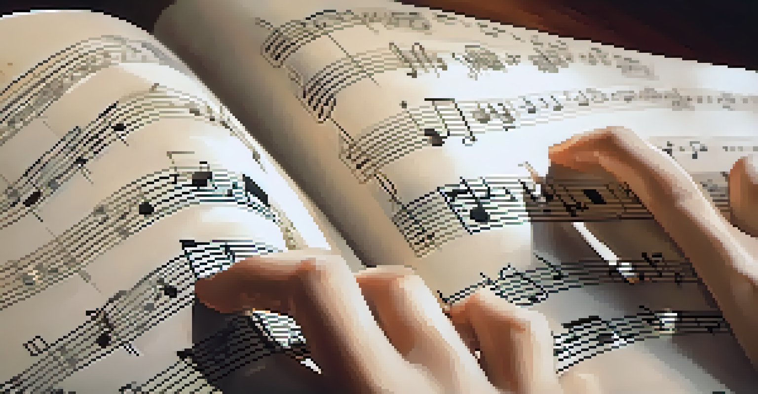 A musician's hands playing a piano with sheet music showing the Circle of Fifths in the foreground, illuminated by warm lighting.