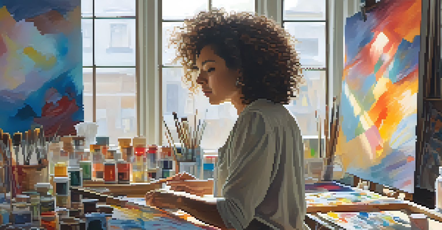 An artist in her studio, surrounded by colorful canvases and art supplies, painting an abstract piece with sunlight streaming through the window.