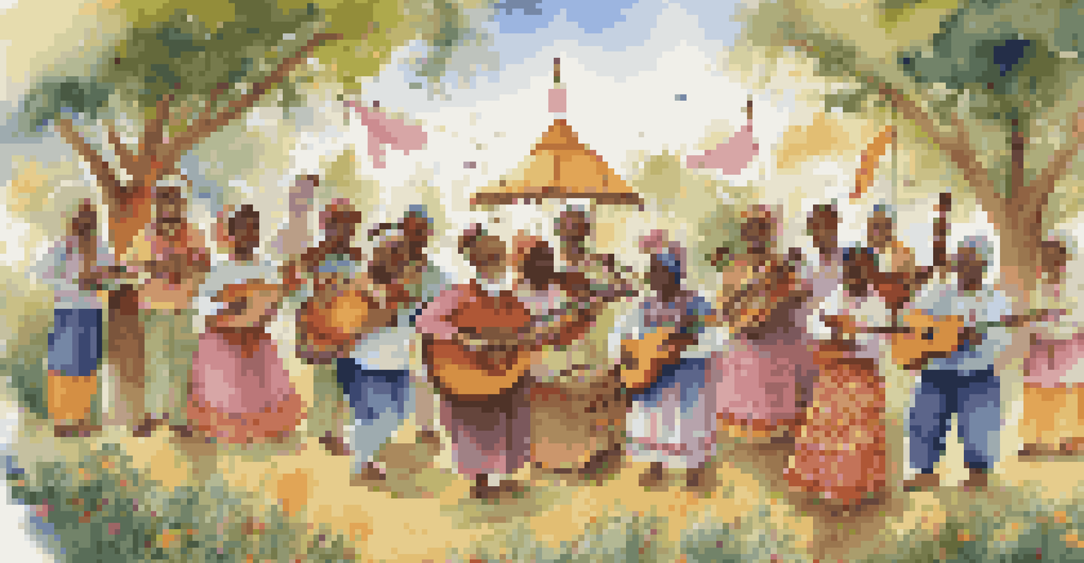 A diverse group of people singing and playing instruments together in a park, surrounded by nature.