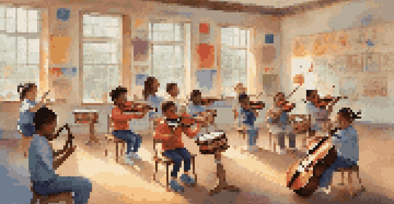 Children in a classroom learning to play musical instruments with a teacher.
