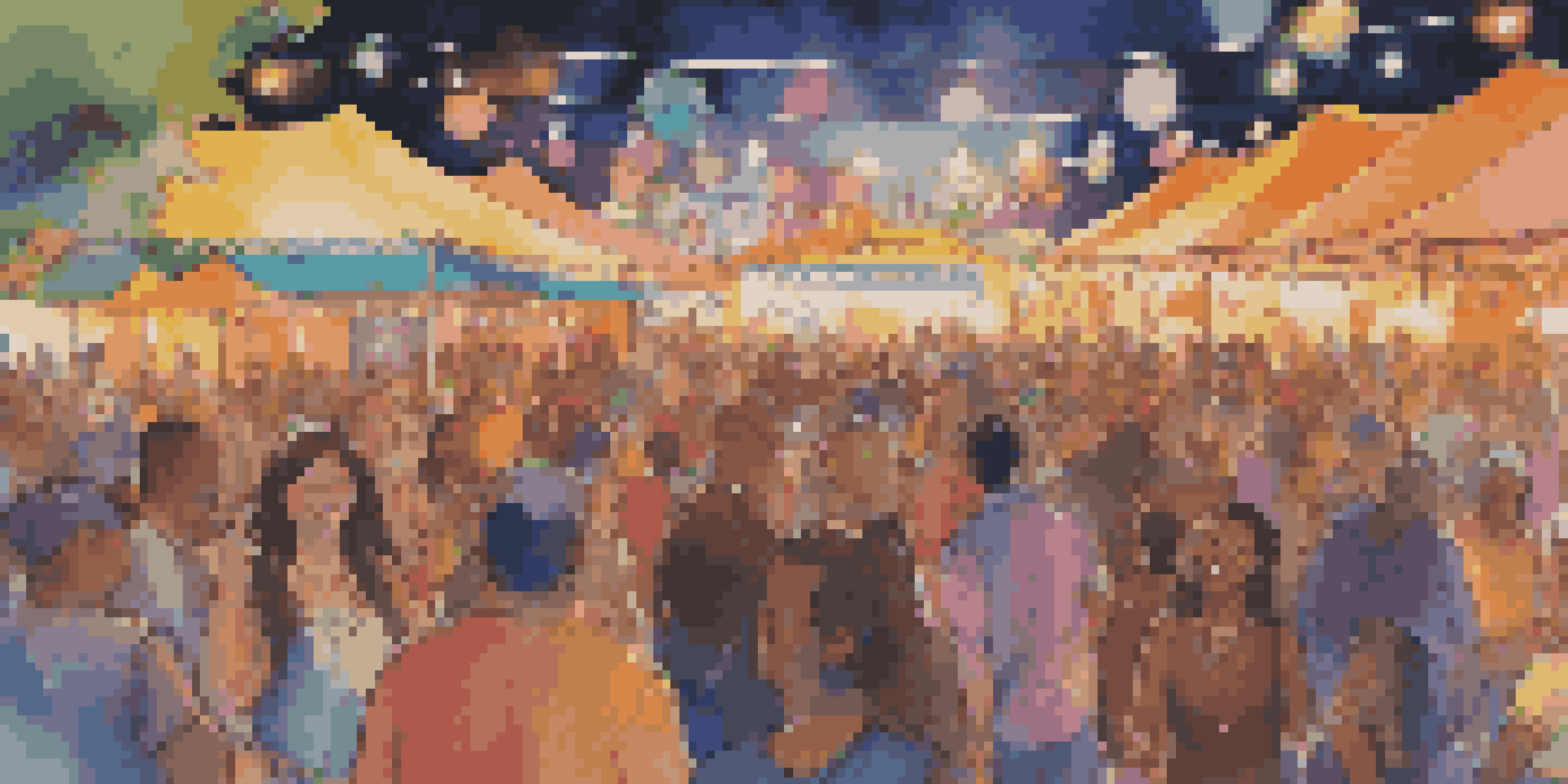 A lively music festival with diverse artists performing on stage and an enthusiastic crowd enjoying traditional and contemporary music.