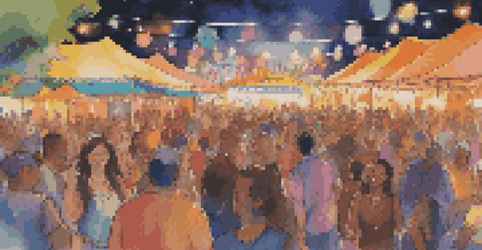 A lively music festival with diverse artists performing on stage and an enthusiastic crowd enjoying traditional and contemporary music.