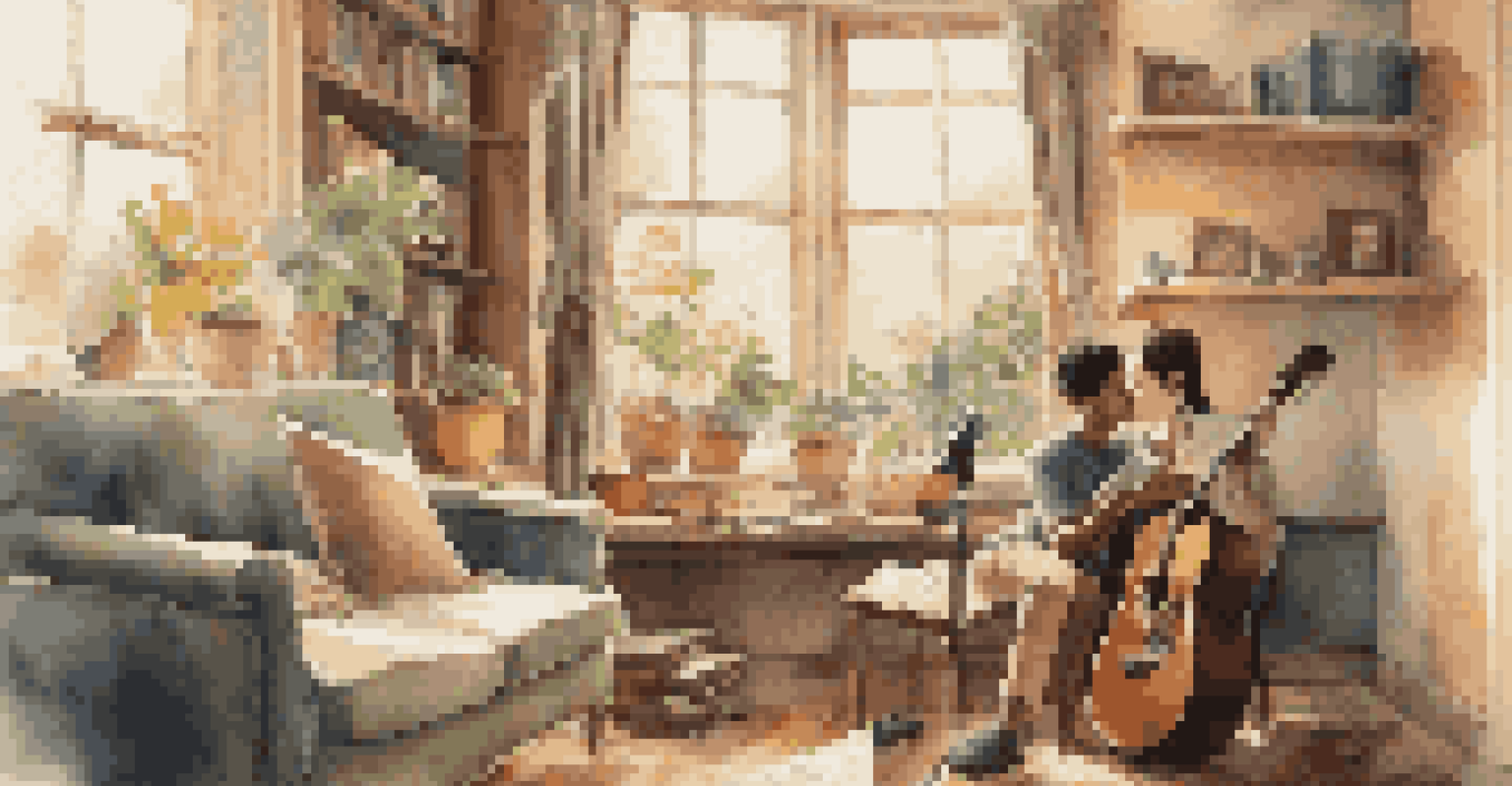 A student practicing guitar in a cozy room filled with musical instruments and a view of a garden.