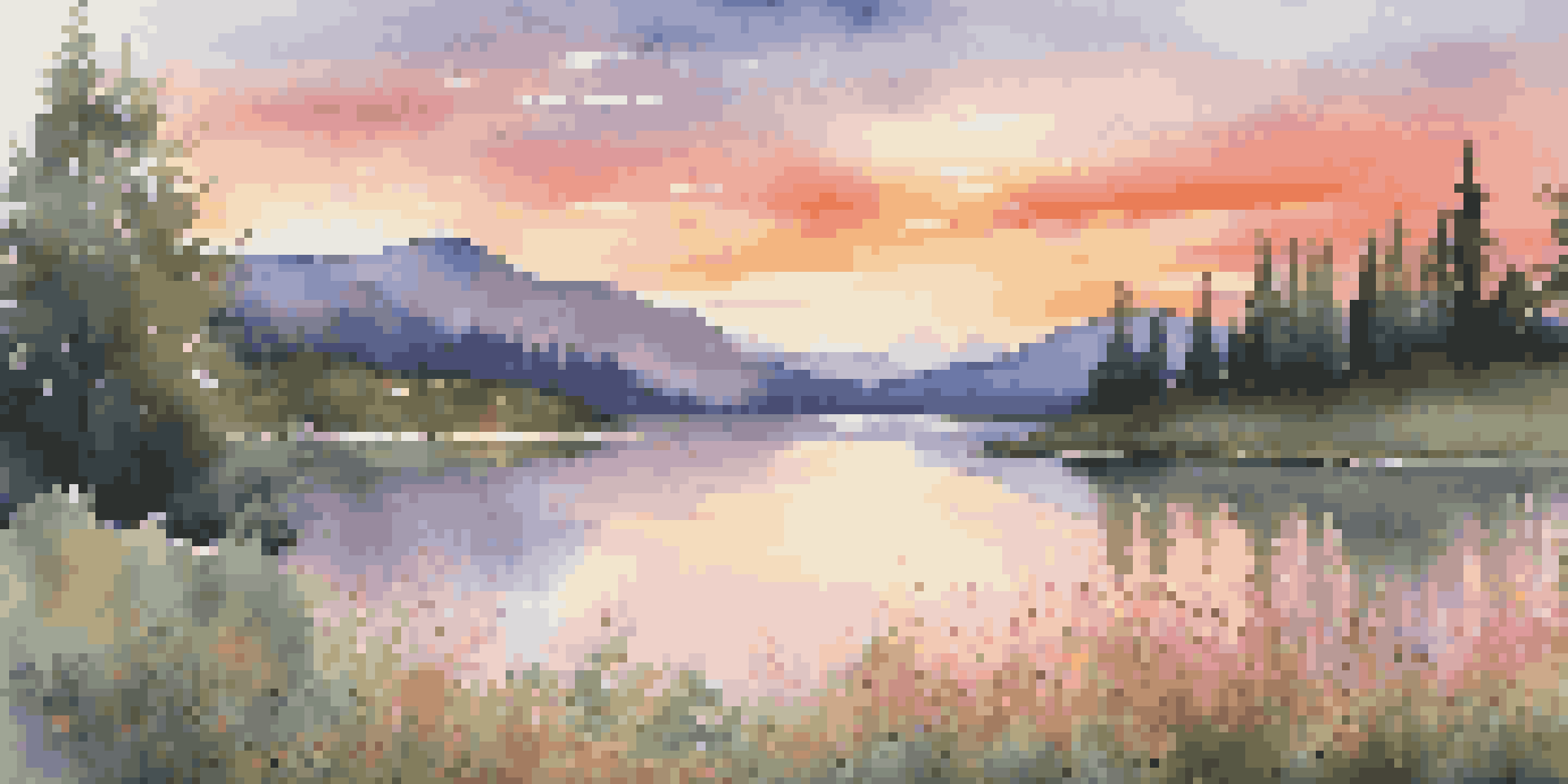A beautiful sunset over a calm lake with colorful reflections, surrounded by greenery and mountains in the background.