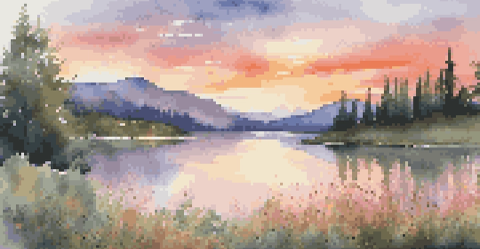 A beautiful sunset over a calm lake with colorful reflections, surrounded by greenery and mountains in the background.