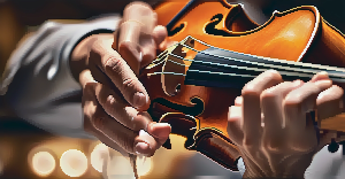 A close-up of a violinist's hands demonstrating vibrato technique on a violin, with blurred warm lights in the background.