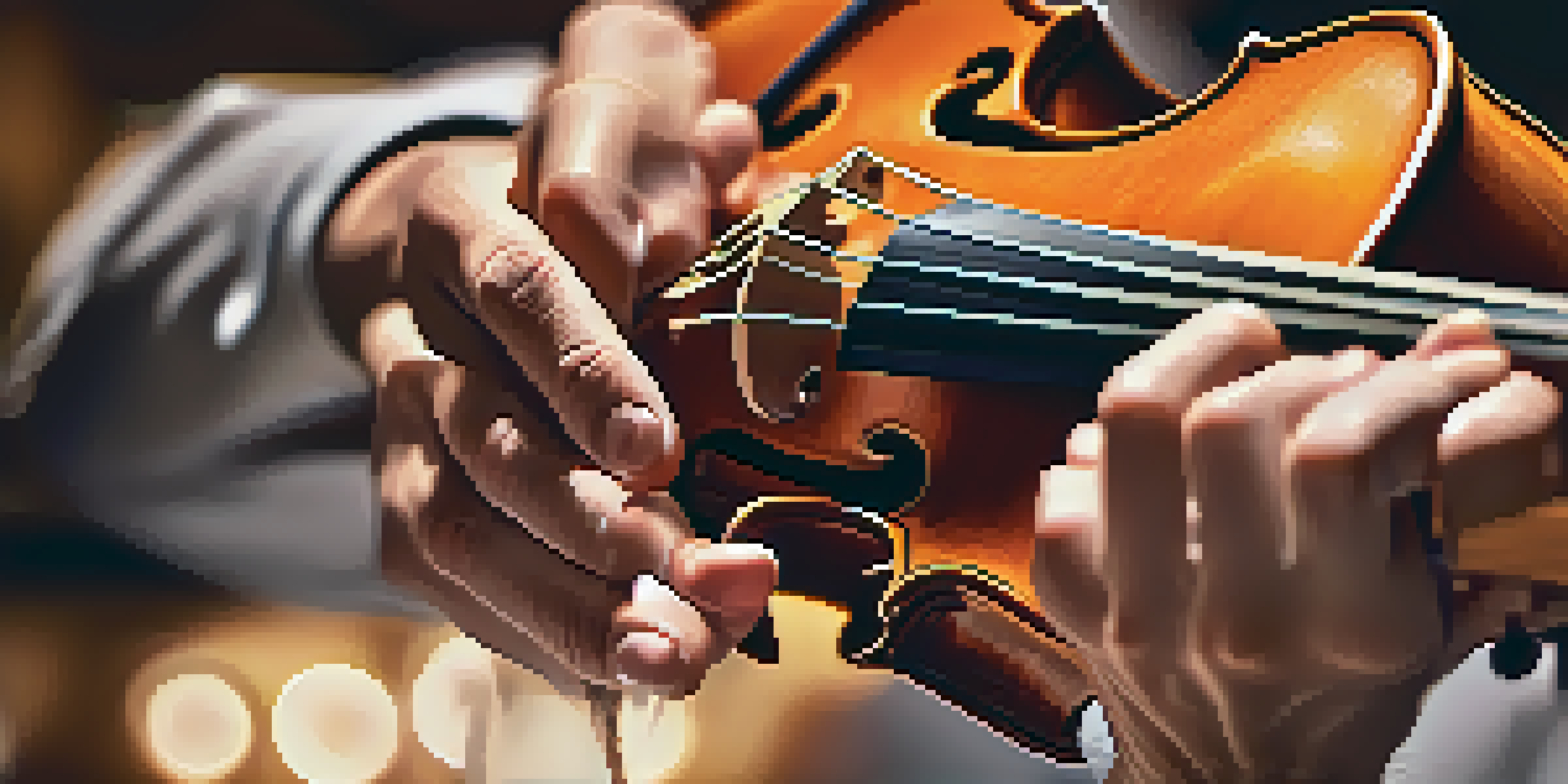 A close-up of a violinist's hands demonstrating vibrato technique on a violin, with blurred warm lights in the background.