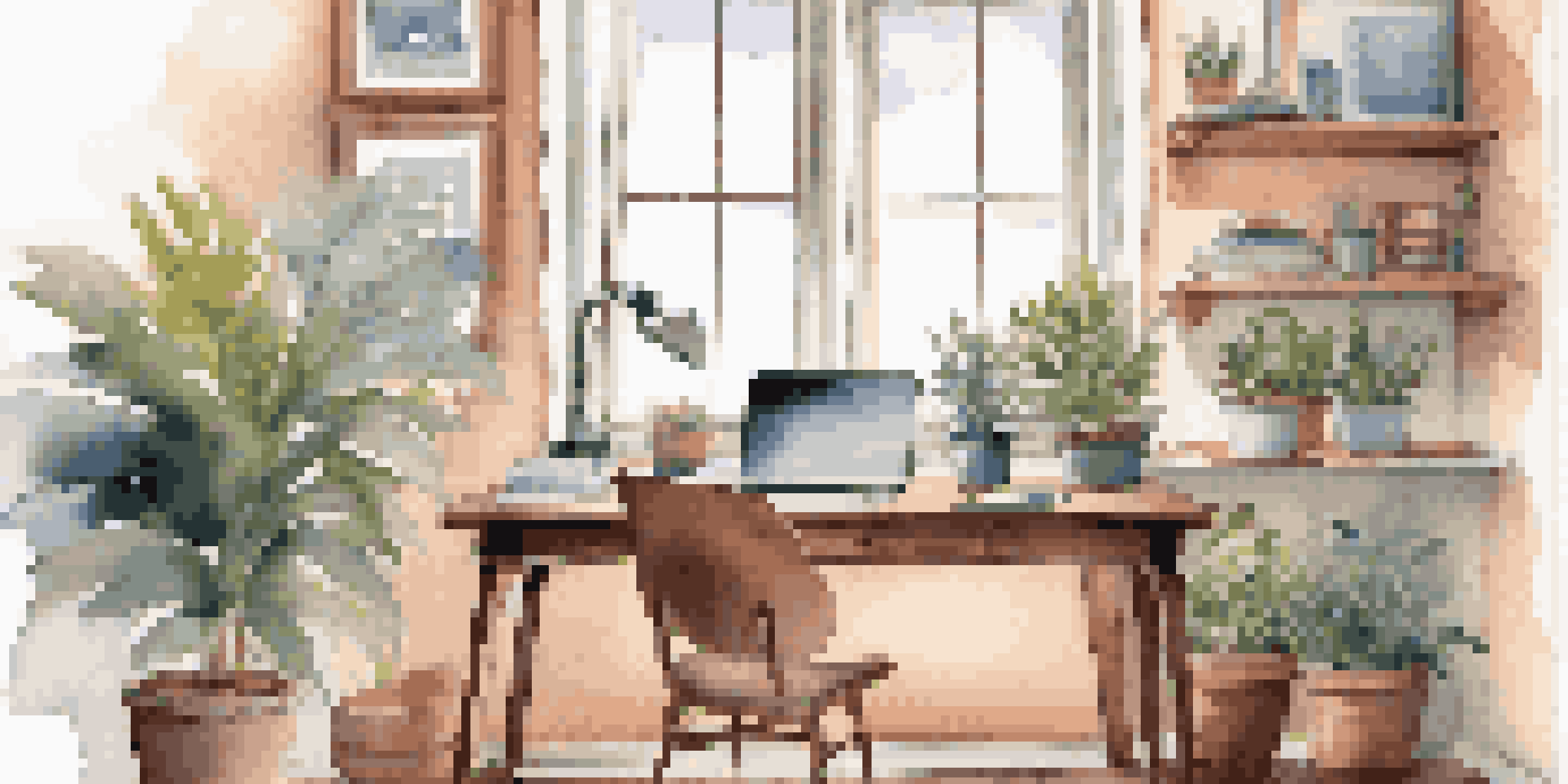 A cozy home office with a wooden desk, laptop, notebooks, coffee cup, a potted plant, and framed artwork, illuminated by natural light from a large window.