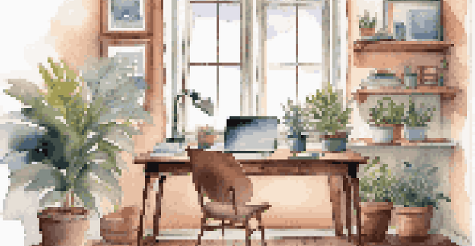 A cozy home office with a wooden desk, laptop, notebooks, coffee cup, a potted plant, and framed artwork, illuminated by natural light from a large window.