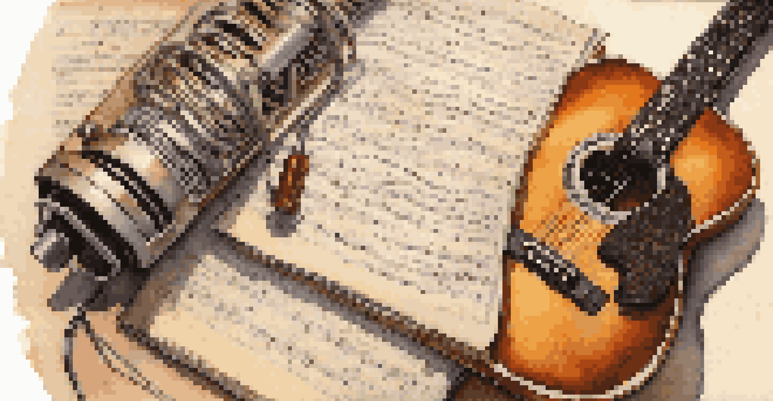 A close-up of a notebook with handwritten song lyrics, a vintage microphone, and a guitar, symbolizing creativity.