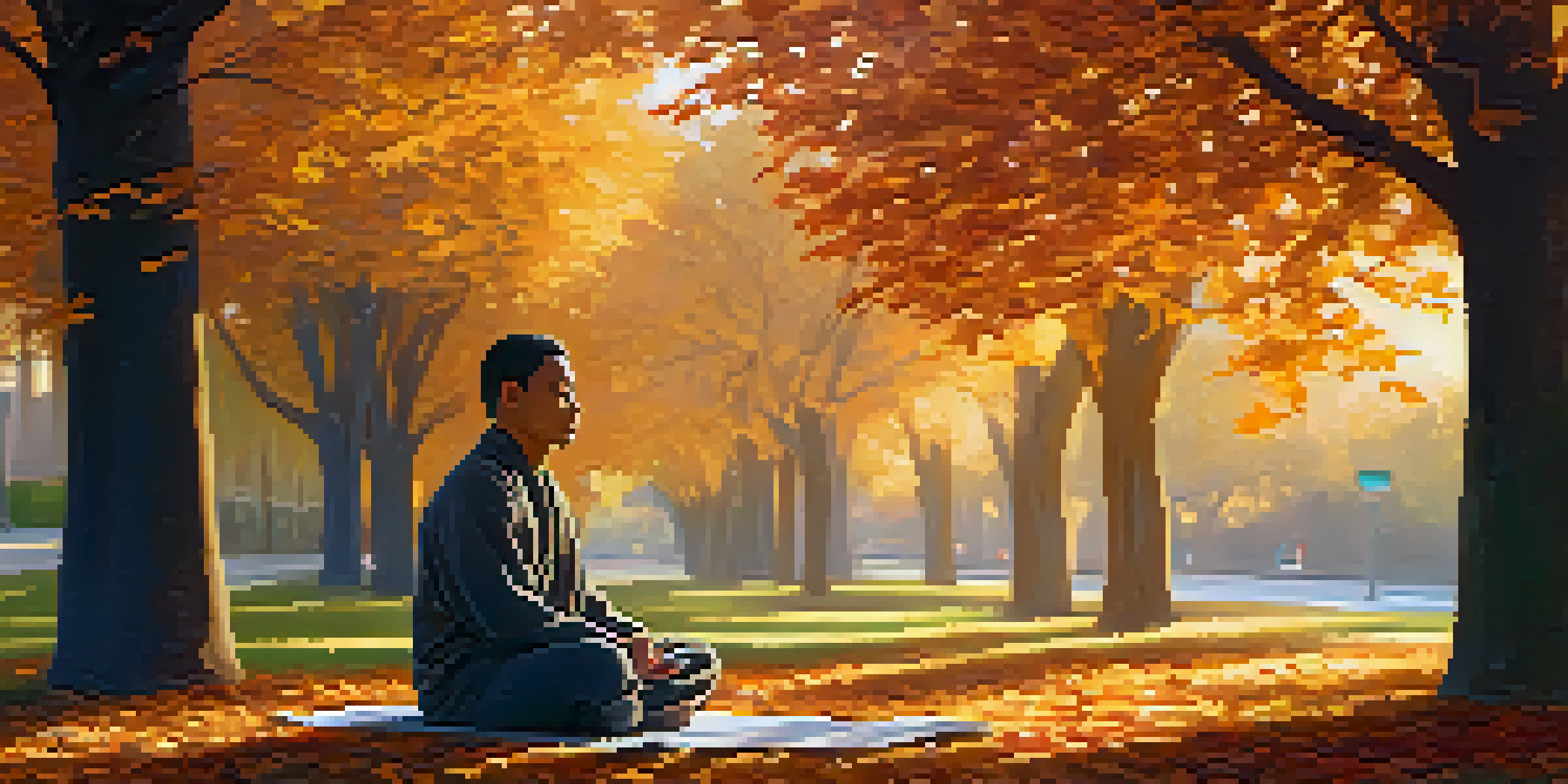 A person meditating in a park surrounded by autumn leaves during sunset, creating a peaceful and serene atmosphere.