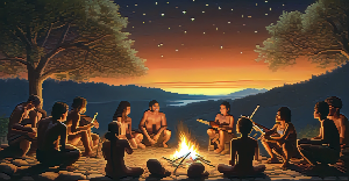 Early humans gathered around a fire, playing musical instruments, with a starry night sky in the background.