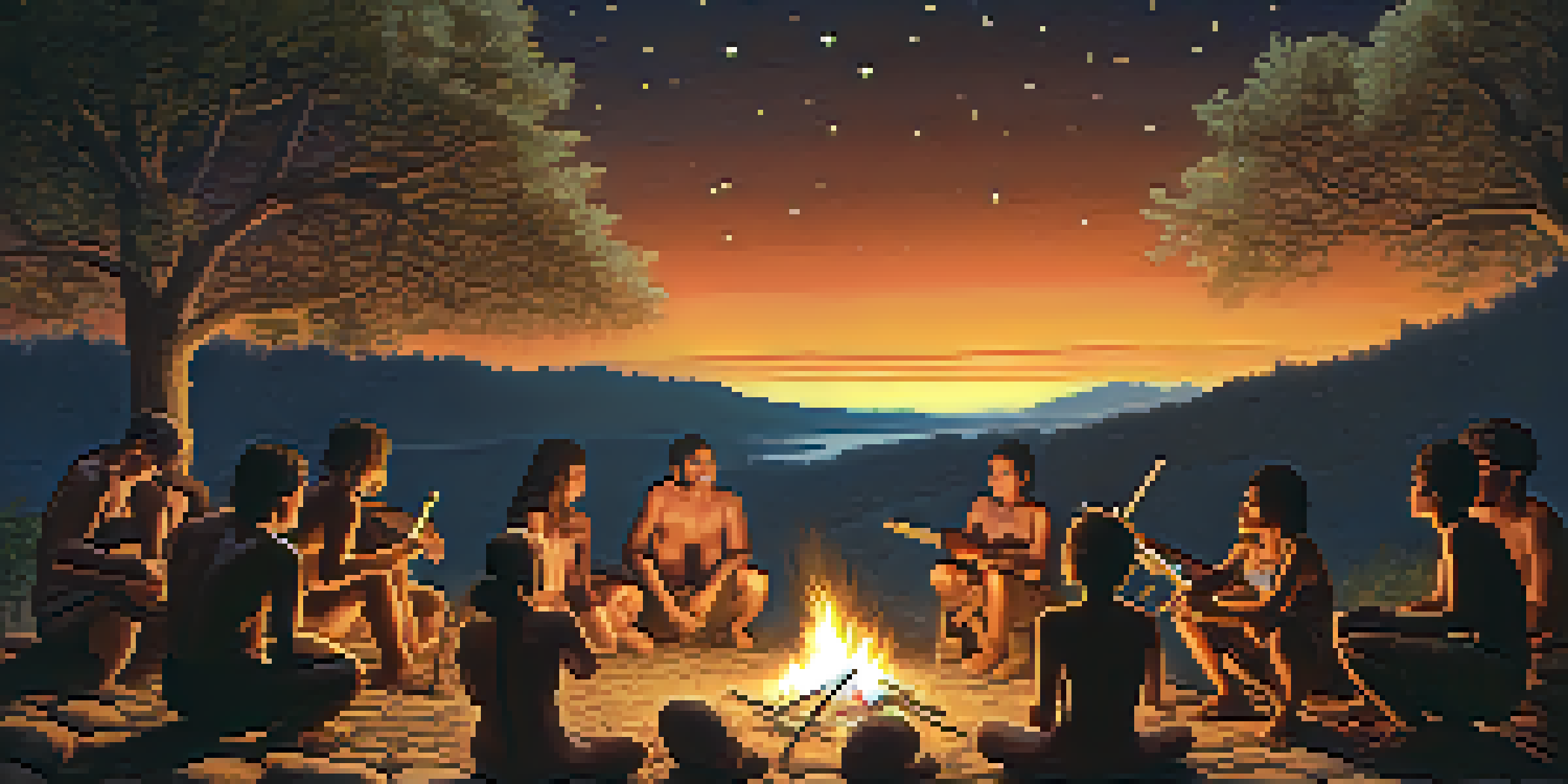 Early humans gathered around a fire, playing musical instruments, with a starry night sky in the background.