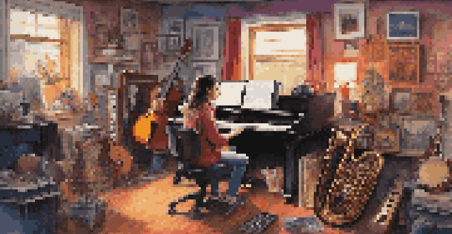 An artist in a colorful studio blending cultural sounds, surrounded by instruments and artwork, creating music with focused concentration.