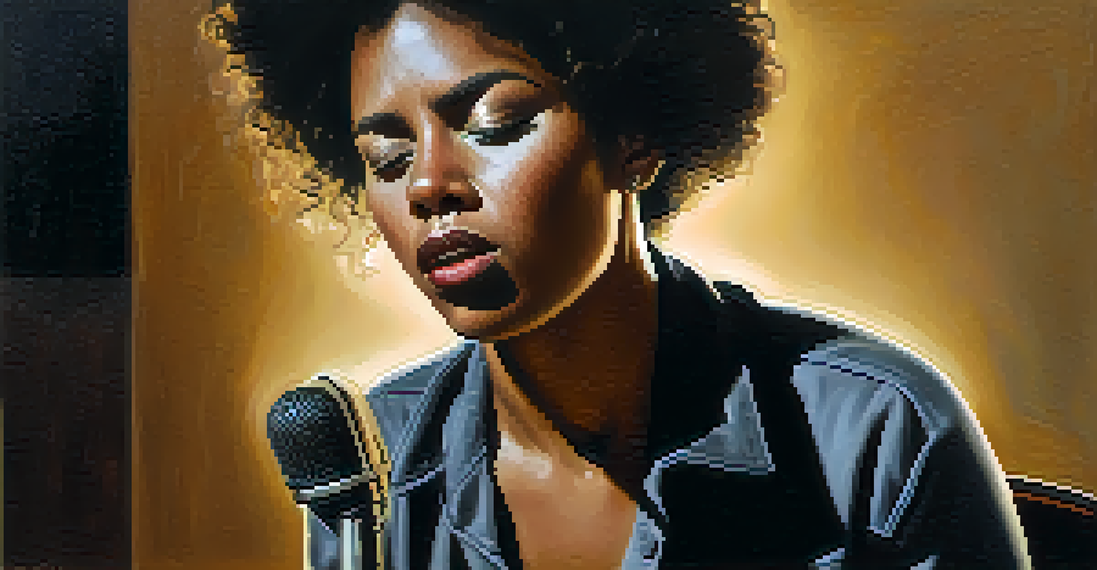 A singer with a serious expression, performing a ballad under soft dim lighting.