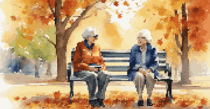 An elderly couple enjoying music on a park bench during autumn, surrounded by colorful leaves under warm sunlight.