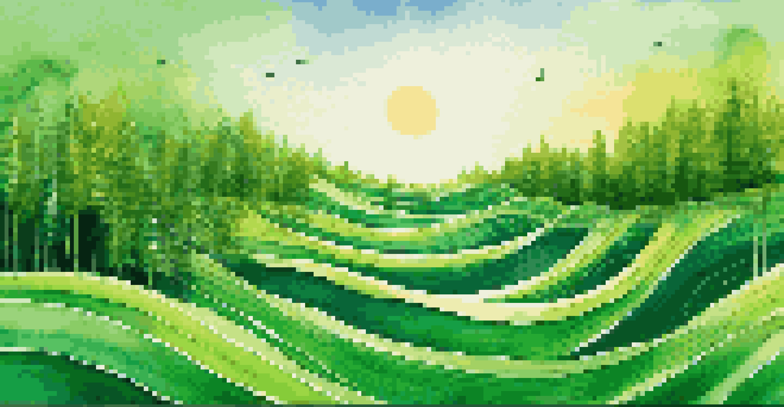 An illustration of colorful sound waves flowing into green landscapes and solar panels, highlighting the link between music and environmental advocacy.