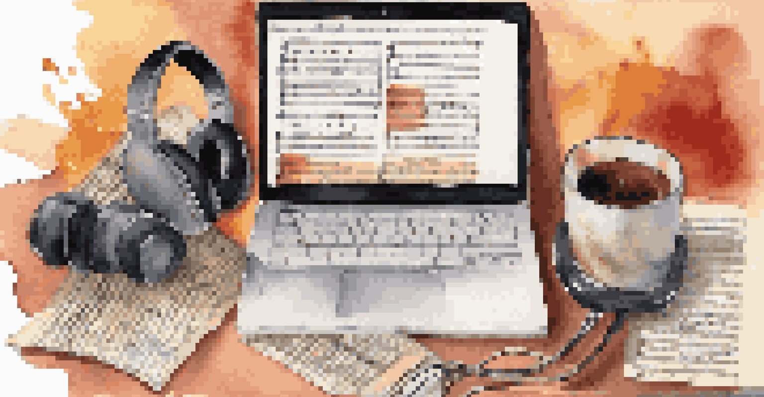 A collage of music learning resources, including a laptop with a tutorial video, sheet music, and headphones, creating a supportive environment.