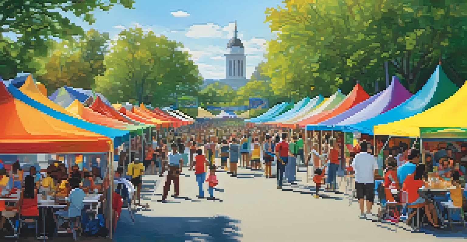 A lively community festival in a park with colorful tents, showcasing local art and music, where people of all ages enjoy food and activities together.
