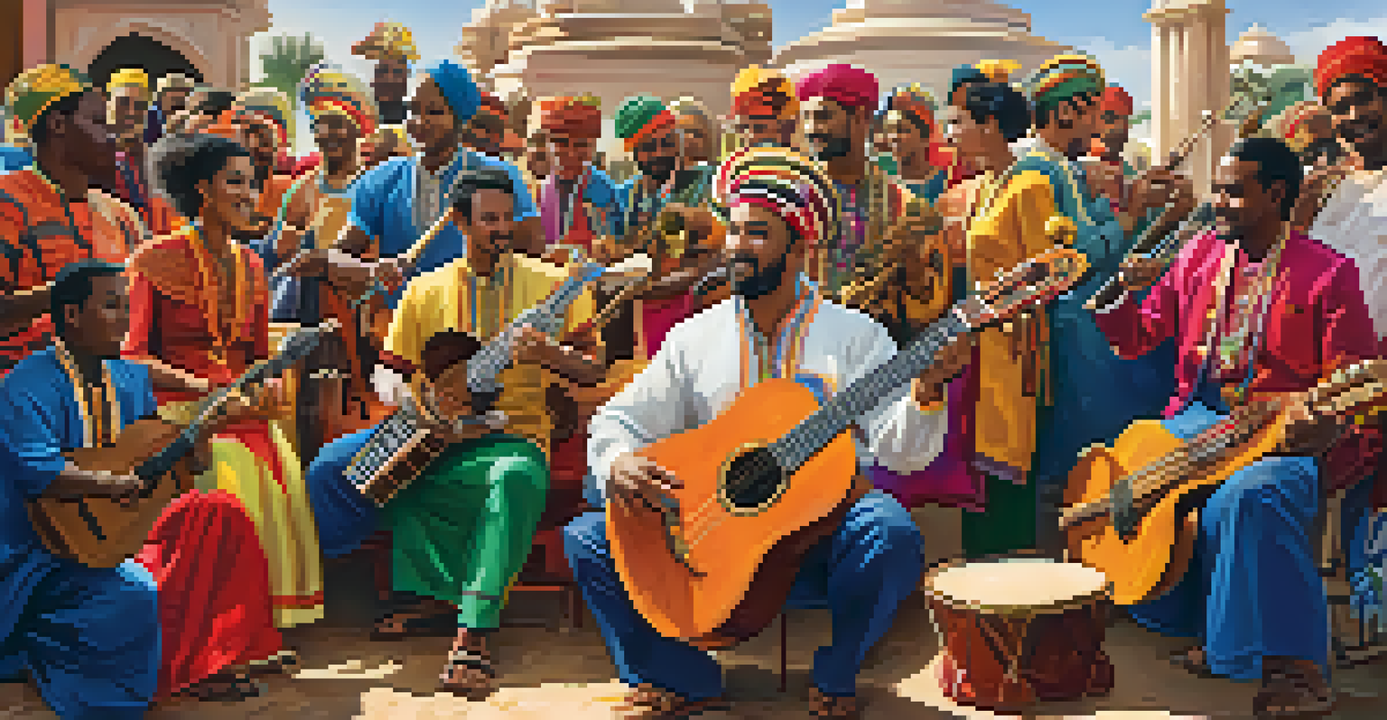 Musicians from different cultures performing together in an outdoor setting, dressed in traditional attire, with a lively audience and colorful decorations.