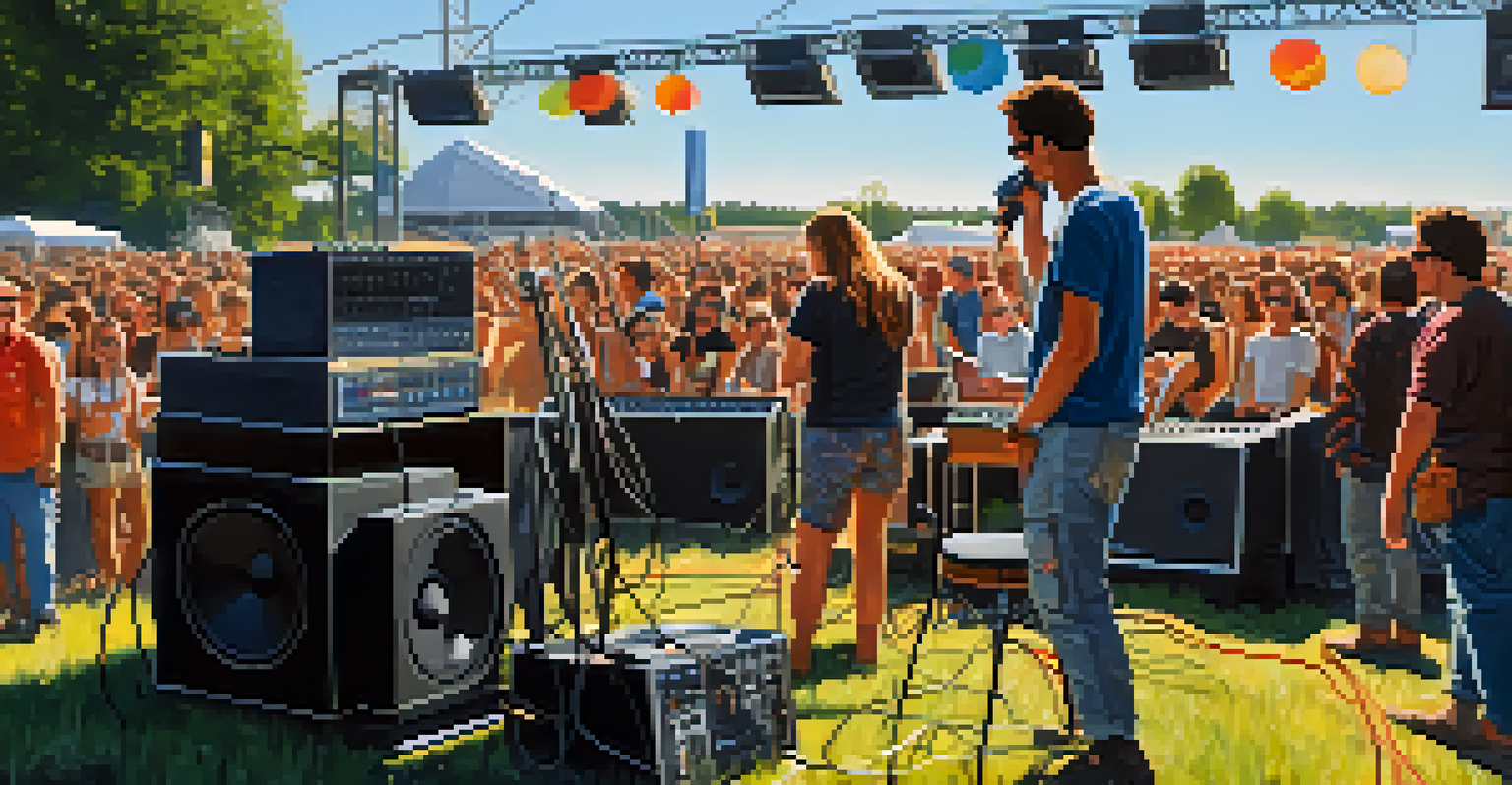A sound engineer troubleshooting equipment at an outdoor music festival, with engaged festival-goers and warm sunlight in the background.