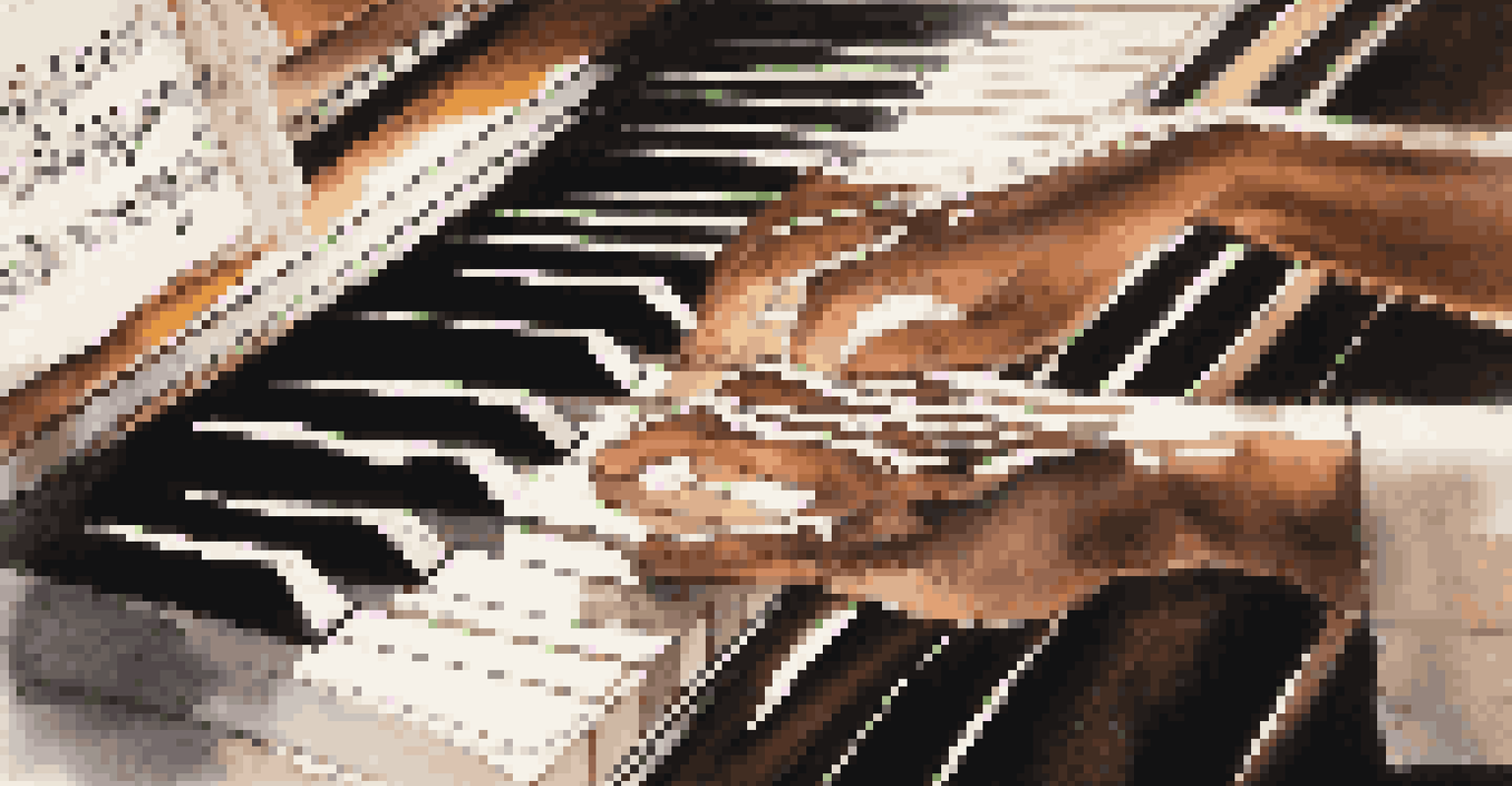 Close-up of a musician's hands playing piano, with sheet music, reflecting the emotional connection to music.
